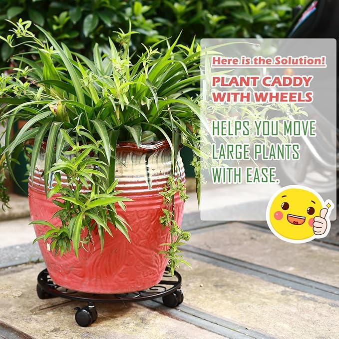 5 Pack Plant Caddy with Wheels Heavy Duty 12 Inches Metal Plant Stand on Wheels Plant dolly Rolling Plant Stand Plant Roller with Casters for Indoor and Outdoor with 5 Pack Plant Saucers, Black