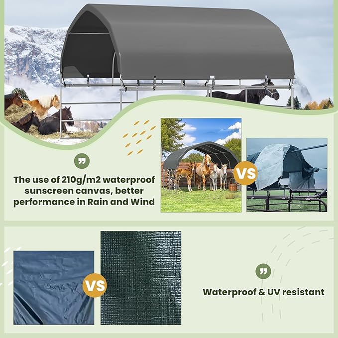YOLENY 12'x12' Gray Corral Shelter, Heavy Duty Round Style Canopy, Waterproof and UV Treated Universal Cover, Easy Assembly Stable and Agricultural Storage and Shade Shed Kit for Livestock