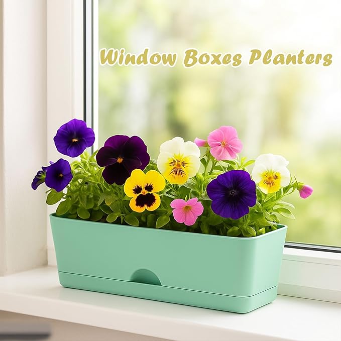 2-Pack Large Window Boxes Planters 16 Inch Rectangle Plant Box Rectangular Planter for Outdoor and Indoor Plants Plastic Windowsill Planter for Herbs Vegetable Flowers Long Window Sill Planters