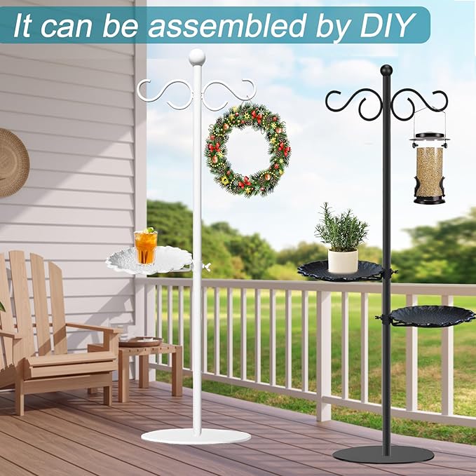Upgraded 74" Shepherd's Hook for Bird Feeder，Floor Hanging Plant，White Wind Chime Stand, Waterproof Metal & Adjustable-Height Standing Pole Holder for Wreath, Indoor & Outdoor（2 Placement Racks)