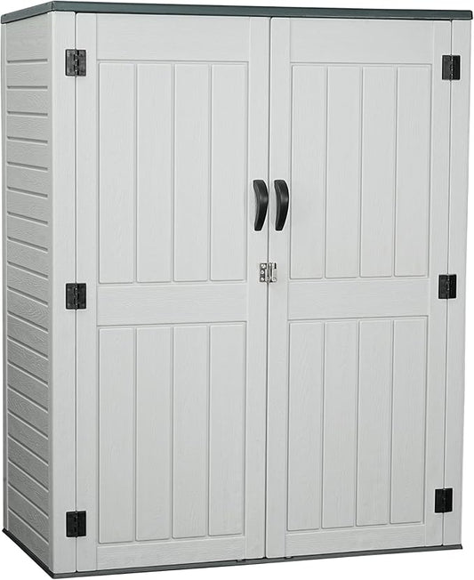 EHHLY Vertical Resin Storage Shed, 60 Cuft Garden Tool Sheds & Outdoor Storage, Plastic Outdoor Storage Cabinet Waterproof, 4.5 x 2.3 ft Backyard Outside Lawn Mower Storage Shed, Light Grey