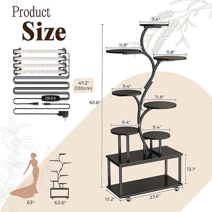 PRAISUN 63.6 Inch Plant Stand with Grow Lights, 9 Tiered Indoor Plant Shelf with Larger Flower Holder, Curved-tubed Design, 3 Light Modes, Movable Wheels, Corner Plant Rack for Living Room, Black