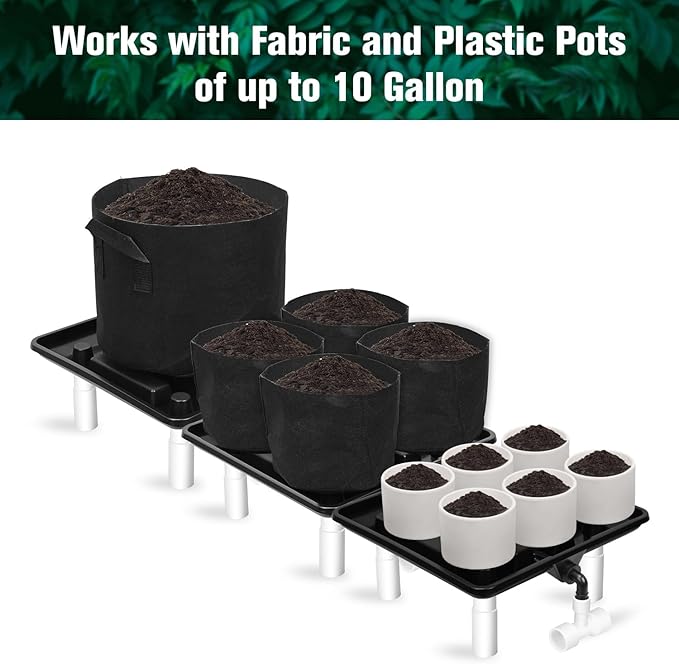 Ez-Pz Runoff Trays 15.5in Garden Flood and Drain Plant Base with PVC Legs and Drain Fitting, Elevated Plant Saucers for Use in Indoor Grow Tents, Greenhouses, and Outdoor Gardens