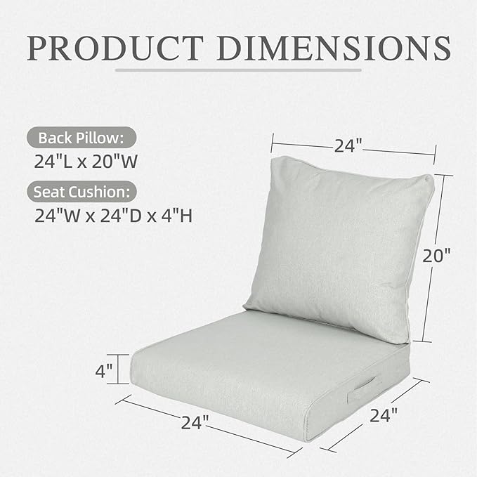 Aoodor 24" x 24" Patio Deep Seat Cushion Set, Water Resistant & Fade Resistant Outdoor Furniture Cushions with Adjustable Straps for Patio, Deck, Garden, Set of 2, Grey