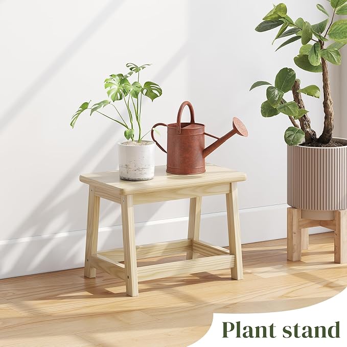 Wood Stool, Small Bench Seat, Wood Bathroom Vanity Bench, Plant Stand, Shoe Changing Handmade Stool for Kids or Adults (Natural, Small)