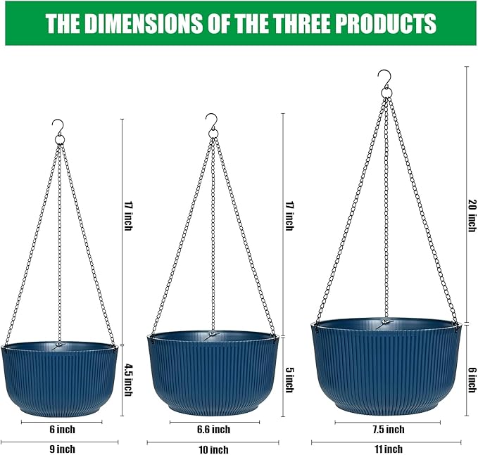 Hanging Planters 9/10/11 Inch for Indoor Plants, 3 Pack Plant Hanger Outdoor with Drainage Holes, Self Watering Hanging Basket Flower Pot for Garden Home Decor, Dark Blue