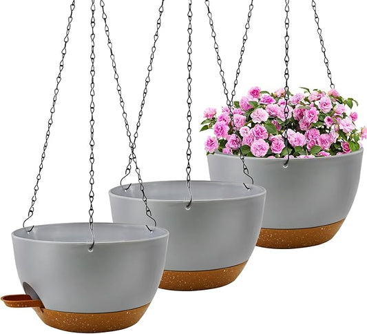 3 inch Hanging Planters for Indoor Plants, 3 Pack Self-Watering Hanging Planter Pots with Chain and Drainage Holes, Outdoor Plastic Hanging Baskets for Garden Home Decor (Grey With Brown, 3pcs/10inch)