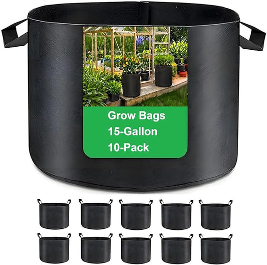15-Gallon Grow Bags, (10 Pack) Thickened Aeration Fabric Growing Pots Planters with Handles for Planting Vegetables Plants, Black