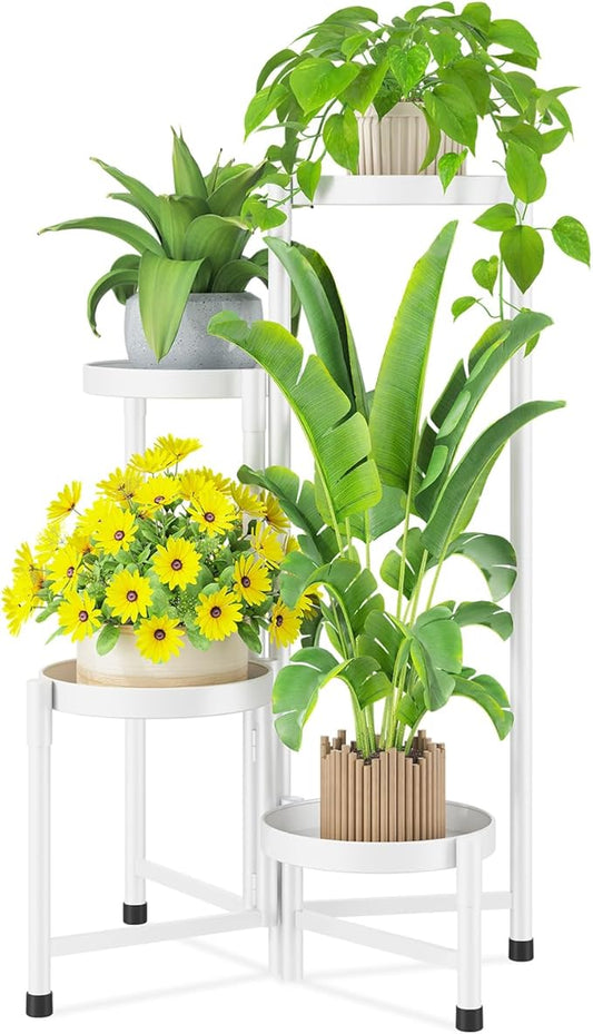 iDavosic.ly Plant Stand Indoor Outdoor, 4 Tier Corner Metal Flower Display Holder Shelf, Easy Assembly Folding Tall Orchid Rack for Patio Balcony Porch Garden Living Room House, White