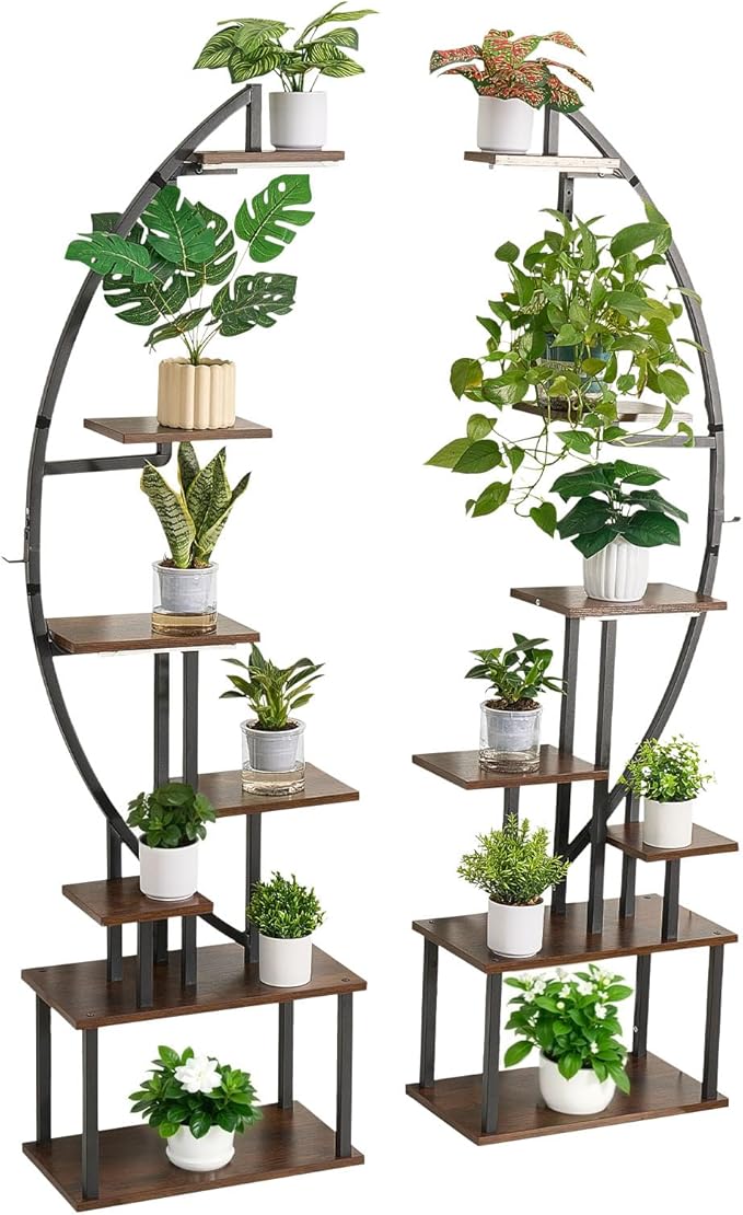 VEVOR Plant Stand Indoor with Grow Lights, 65.5 in Tall 7-Tiered Lighted Plant Shelf, 2 Pack Metal Corner Plants Holder, 3 Timer & 10 Brightness, Half-Moon Shaped Flower Display Rack for Living Room