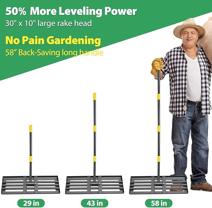 Lawn Leveling Rake, 5 FT Yard Leveler with 30 x 10 Wide Large Rakes Head for Smooth Garss Soil Sand Dirt, High Effect Ground Leveling Tool with Round Edge for Landscape Golf Course, No Flip