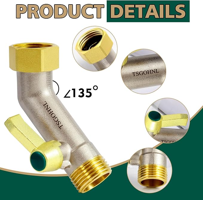 135 Degree Full Flow Garden Hose Shutoff Valve, 3/4-Inch Heavy Duty Brass Garden Hose Elbow Connector, Leak-Free Hose Adapter for Outdoor Faucets and RV Spigot Extenders