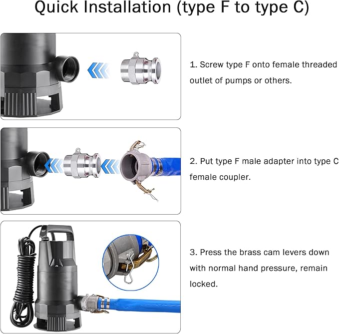 DAVCO 2" ID × 100 ft PVC Lay Flat Discharge Hose, Heavy Duty Reinforced Blue Pool Backwash Hoses For Swimming Drain Pools, with Aluminum Camlock C and E Fittings, Cam Lock Fitting Type F included
