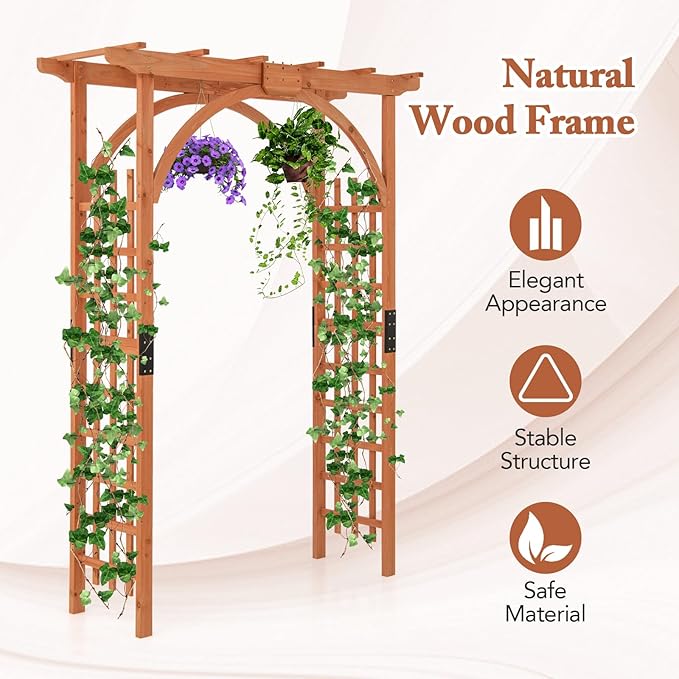 Happygrill Wood Garden Arbor, 84 Inch Outdoor Archway Pergola w/Decorative Hanging Roof & Side Climbing Trellis, Garden Arch for Climbing Plants, Wedding Ceremony Decoration, Lawn, Party