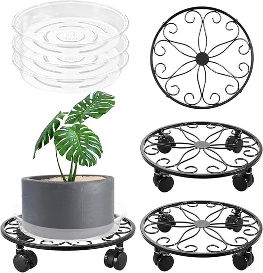 3 Pack Metal Plant Stand with Wheels 12 Inch Plant Caddy Heavy Duty Wrought Iron Rolling Plant Stand Plant Dolly Plant Rollers Plant Cart Plant Mover with 3 Pack Plant Saucers