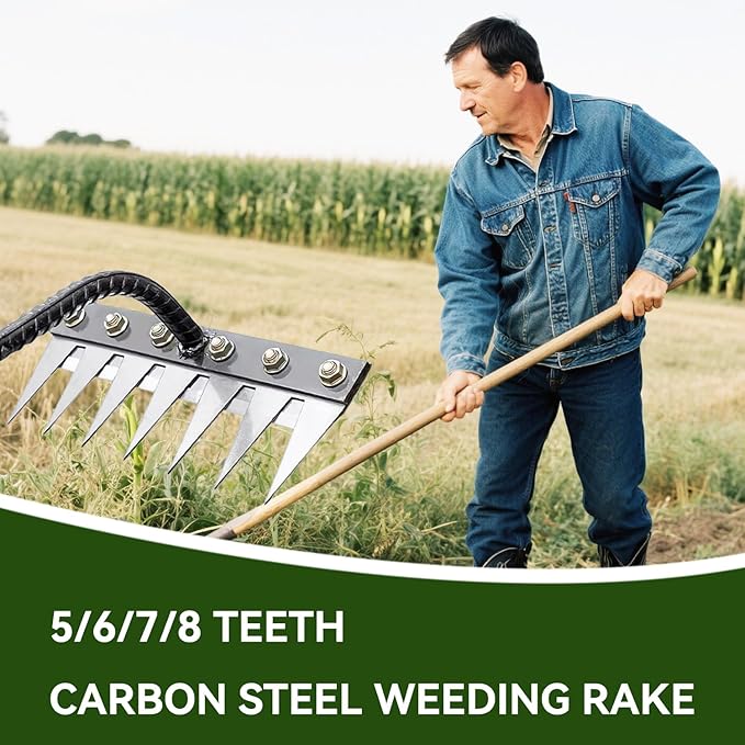 Garden Iron Weeding Rake, 5/6/7/8 Teeth Weed Puller Tool, Detachable Gardening Hand Iron rake 2.0, Carbon Steel Garden Weeder Puller Tool for Gardening, Backyard (5 Teeth)