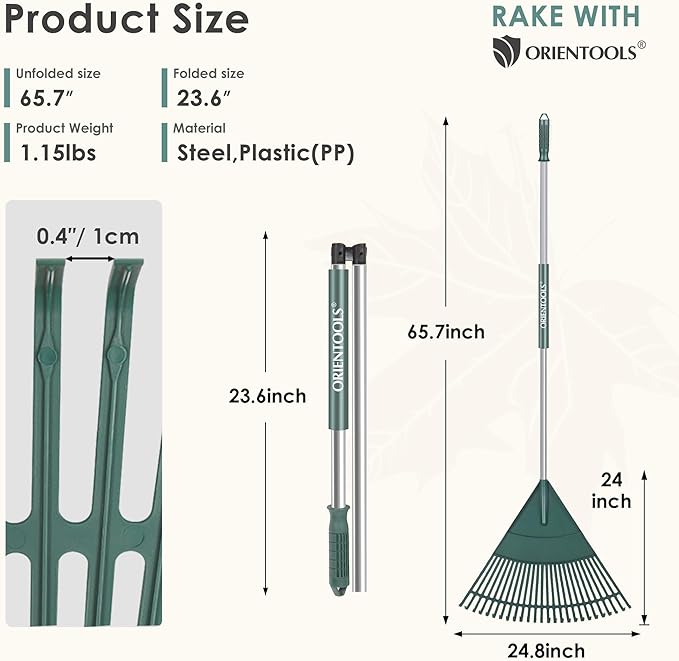 ORIENTOOLS Garden Leaf Rake, Garden Rakes for Lawns Leaves with 65.7" Foldable Handle Rake, 26 Strong Tines Plastic Head Shrub Rake, Yard Garden Rake for Lawns, Grass, Flower Beds Leaves Cleaning