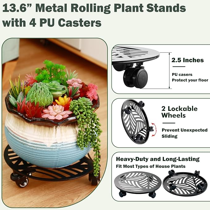 3 Packs Large Metal Plant Caddy with PU Wheels 13.6" Heavy-duty Wrought Iron Rolling Plant Stands Indoor Outdoor Wheeled Plant Dolly Planter Mover Rollers Plant, Leaf Style