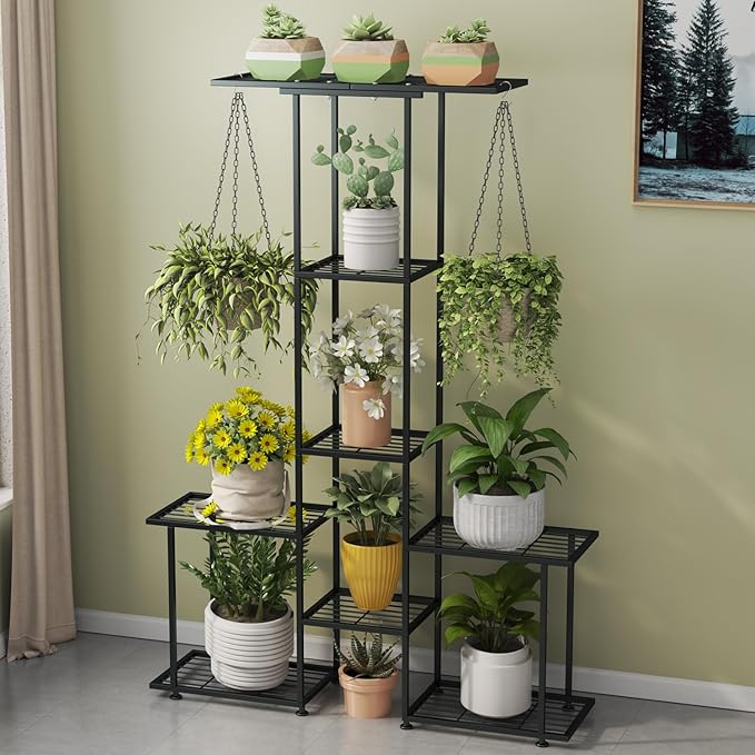 Plant Stand Indoor Outdoor, Metal 6 Tier Tall Hanging Plant Shelf for Multiple Flower Planter Large Heavy Duty Ladder Plant Holder for Garden, Black (y-201)