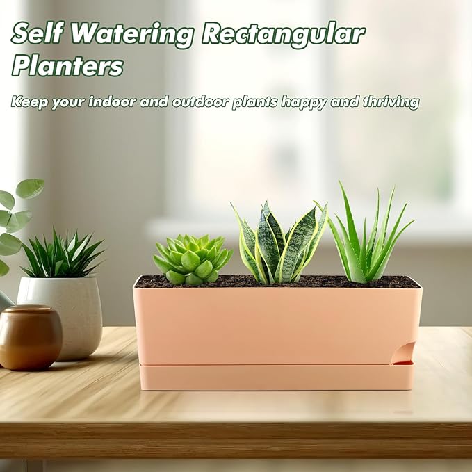 4 Pack Self Watering Pots for Indoor Plants 17 Inches Window Boxes Planters Rectangular Flower Pots Rectangle Herb Pots Large Plant Pots with Drainage Holes and Saucers Windowsill Planter, Orange
