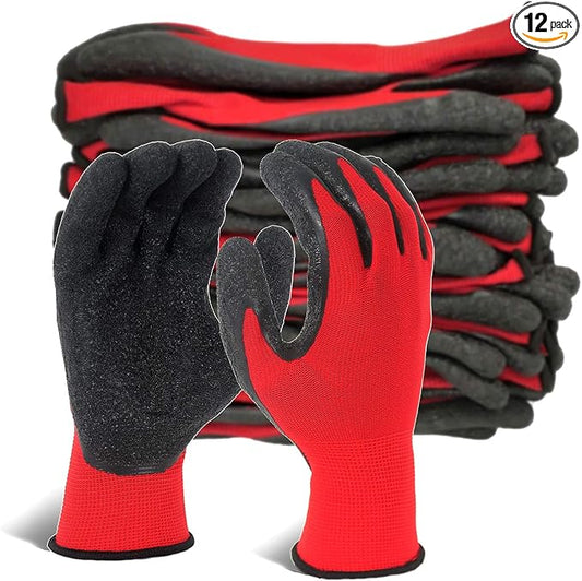 Evridwear Crinkle Latex Rubber Hand Coated Safety Work Gloves for Men Women General Multi Use Construction Warehouse Gardening Assembly Landscaping (L-Size) 12 Pairs Pack