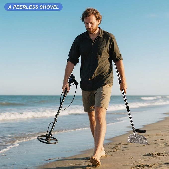 Sand Scoop for Metal Detecting,Heavy Duty Sand Sifter Scoop with Long Handle,Metal Detector Accessories, Beach Sand Shovel,Stainless Steel Sand Scoop for Underwater Treasure Hunting