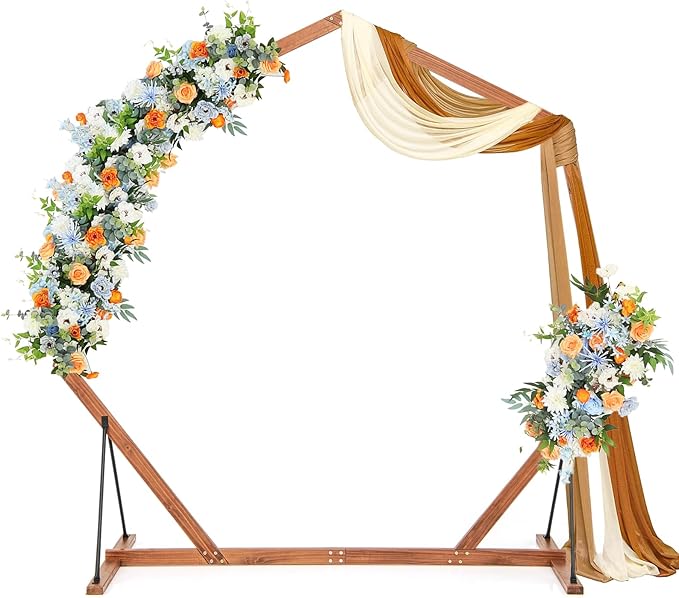 S AFSTAR 7FT Heptagon Wedding Arch, Wood Backdrop Stand With Triangular-Shaped Base, 4 U-Shaped Stakes, Indoor Outdoor Round Flower Balloon Stand for Ceremony Party