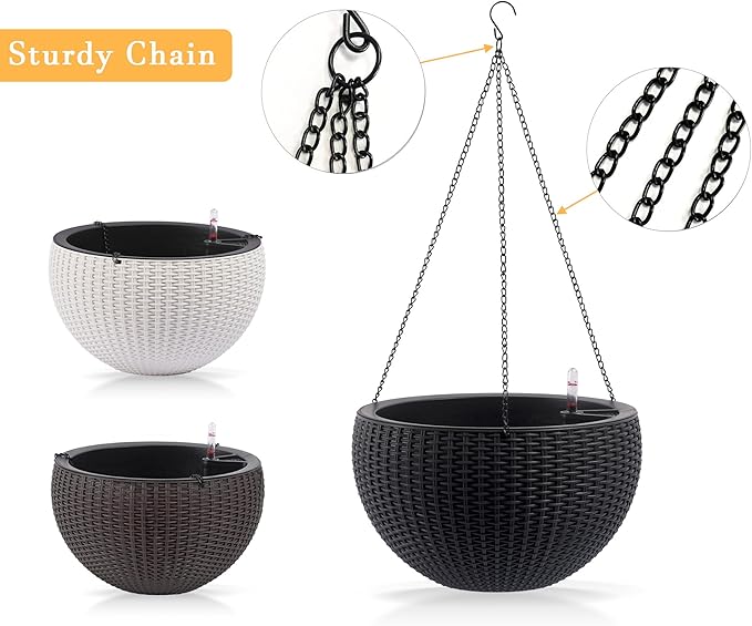 13.5 inch 2Pack Large Hanging Planters for Outdoor/Indoor Plants, Self Watering Hanging Pot with Water Level Indicato, Drainage Holes and Chain for Garden Porch, Black