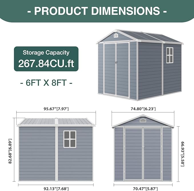 6x8FT Storage Shed Plastic Outdoor Storage Shed Waterproof Container House with Lockable Door and Transparent Window for Garden, Lawn