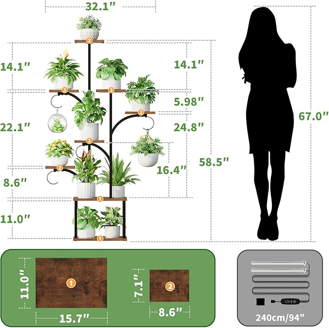 Plant Stand with Grow Lights, 59" Tall 8-Tier Tree-Shaped Metal Indoor lighted Plant Shelf Corner Display Rack with Hanging Hooks for Multiple Plants, Wooden Flower Holder for Balcony Patio home Decor