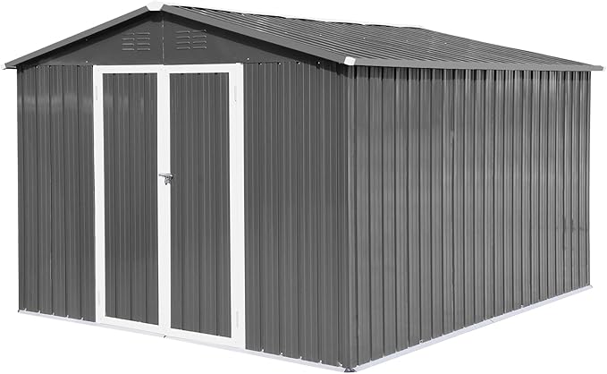 10x12 FT Sheds & Outdoor Storage,Metal Aluminum Garden Shed,with Punched Vents,Waterproof Cabinet w/Hinged Door and Padlock,Tool House for Storing Bicycles,Lawnmowers,Barbeques,Grey