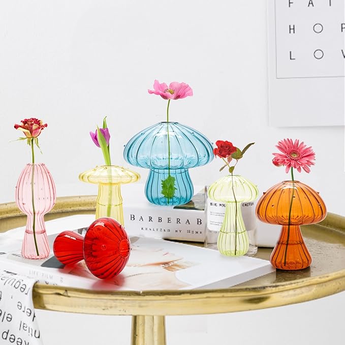 Mushroom Vase, Set of 6 Colored Glass Mushroom Propagation Vases for Plants, Mini Cute Flower Terrarium for Women Home Office Indoor Decor