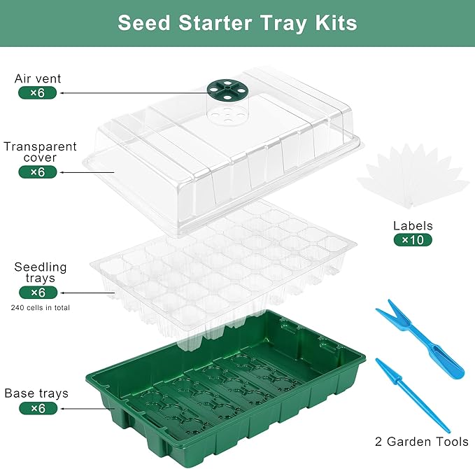 Elcoho 6 Pack Seed Starter Tray Kit 40 Cells Seedling Trays with Humidity Dome and Base Mini Propagator Plant Nursery Pots Total 240 Cells for Greenhouse Plants Growing, Green