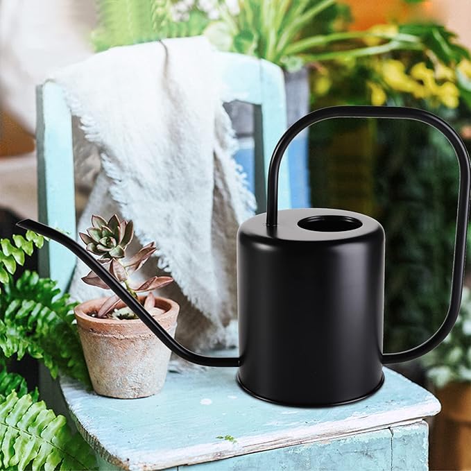 Fasmov 51 Oz Stainless Steel Watering Can Modern Style Watering Pot, Watering Can with Long Spout for Easy Pour, Water Outdoor Garden, Indoor Plant (Black)