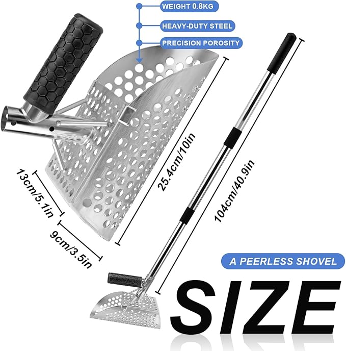 Sand Scoop for Metal Detecting,Heavy Duty Sand Sifter Scoop with Long Handle,Metal Detector Accessories, Beach Sand Shovel,Stainless Steel Sand Scoop for Underwater Treasure Hunting