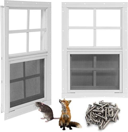 NeatiEase Upgraded Shed Windows 2 Pack, 20" x 30" Windows with Tempered Glass and Stainless Steel Screen for Shed, Chicken Coop, Playhouse, Household, Garage(White)