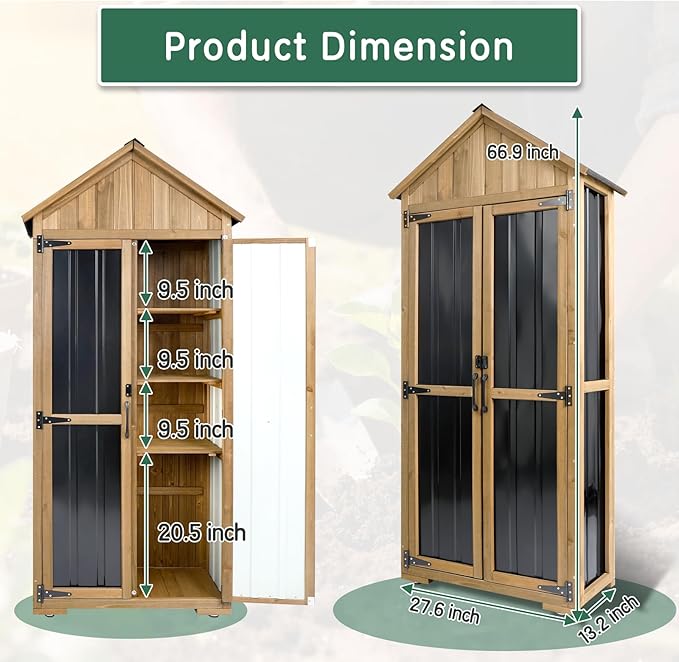 Outdoor Storage Cabinet with Shelf, Wood & Metal Storage Shed with Lockable Doors & Sloping Roof, Outdoor Cabinets for Patio Backyard, Garden Shed Tool Shed and Accessories, Brown
