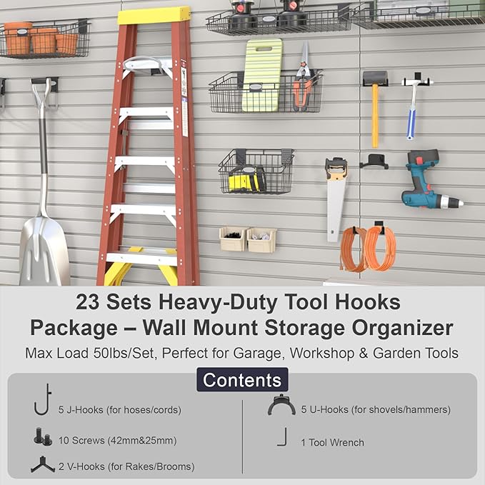 23 Piece Shed Storage Hooks Kit, Heavy Duty J/U/V Shape Tool Hangers with Screws, Compatible with Suncast, Craftsman Shed Shelves & Accessories