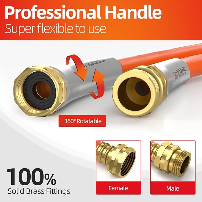 SPECILITE Garden Water Hose 75 ft x 5/8 in Heavy Duty, Flexible and Lightweight, Burst 600 psi, Kink-less Hybrid Rubber Pipe for Backyard, 3/4'' Brass Fittings, Orange