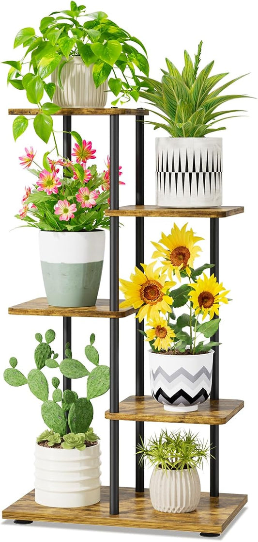 iDavosic.ly 4 Tier Plant Stand Indoor, Tiered Corner Metal Wood Multiple Flower Holder Shelf, 34 Inch Tall Orchid Display Rack for Patio Porch Living Room Balcony Outdoor, Modern Black & Rustic Brown