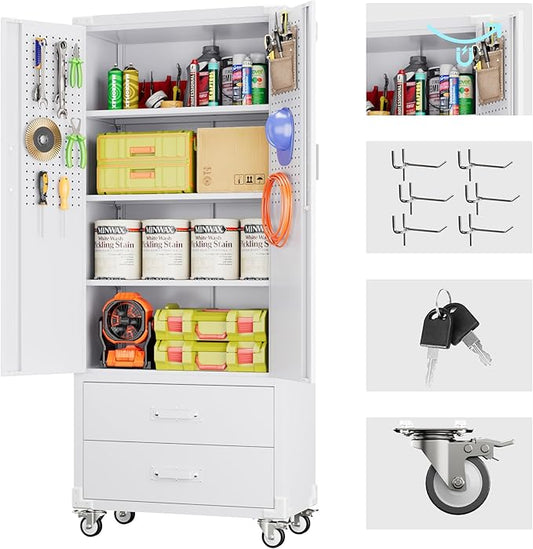 Garage Storage Cabinet with 2 Drawers and Pegboard, Metal Storage Cabinet with 2 Lockable Doors for Garage Home Office,Required Assembly,White,71.2" H*15.2" D*30" W