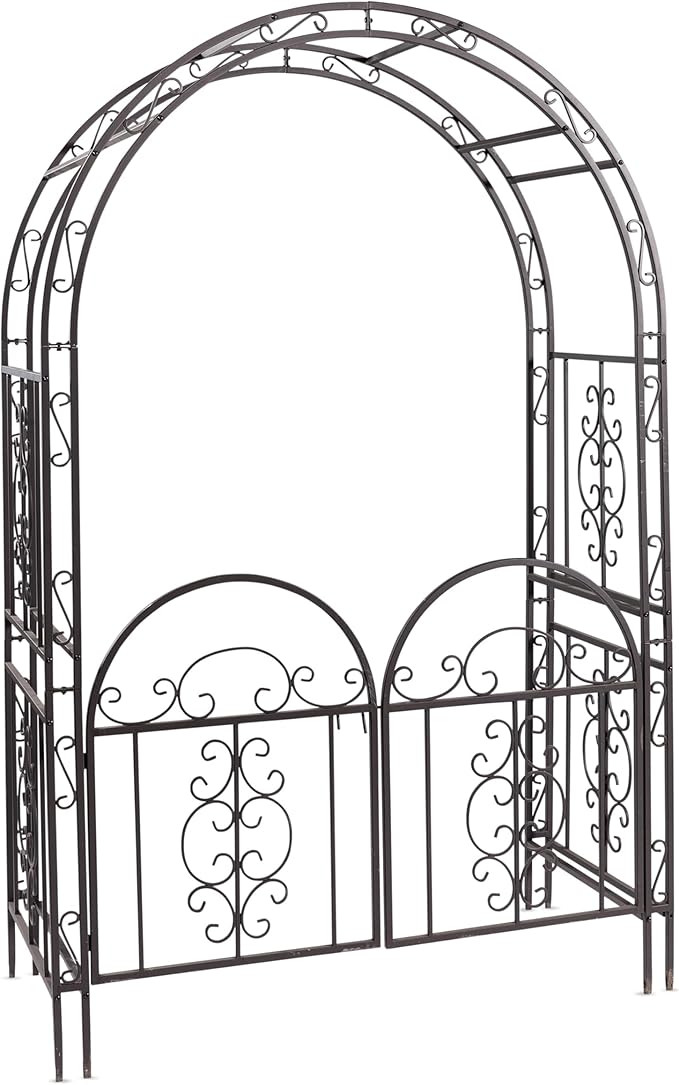 Plow & Hearth Arch Metal Outdoor Garden Arbor Double Gate | Montebello | 7 Feet Tall | Gunmetal Black | Trellis Lattice Climbing Plants