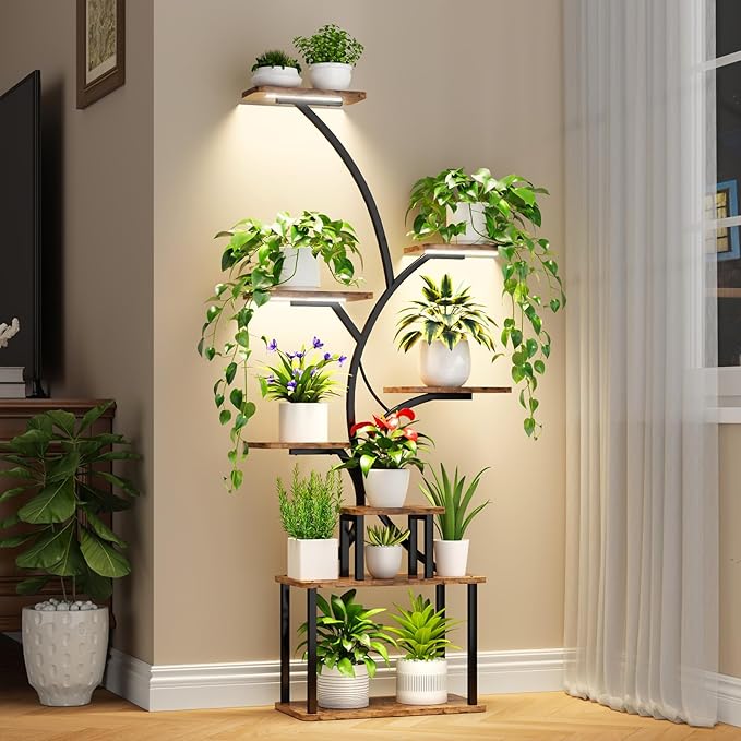 C3 Plant Stand Indoor with Grow Lights, 8 Tiered 62.2" Tall Plant Stand, Corner Large Metal & Wood Plant Shelf, S-Shaped Plant Display Shelves for Living Room, Patio, Outdoor