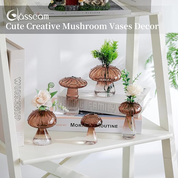 Glasseam Mushroom Plant Propagation Stations: Amber Glass Terrarium Jar Set of 5 Cute Planters for Indoor Plants Mini Propagate Station Unique Christmas Birthday Gifts for Women Home Office Decor