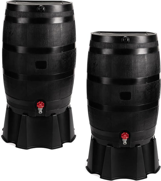 RTS Home Accents 50-Gallon ECO Rain Barrel Made with 100% Recycled Plastic, Flat Back Rain Water Collection Barrel, Stand and Link Kit Included, Black (2 Pack)