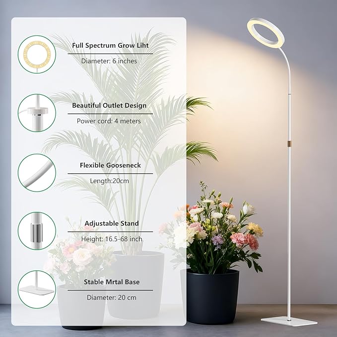 Full Spectrum Grow Light with Stand for Indoor Plants, Floor Plant Light, 6/12/18H Timer, 3 Color Modes, Adjustable Height 16.5–67in, for Large Plants & Home Décor(2 Heads White)