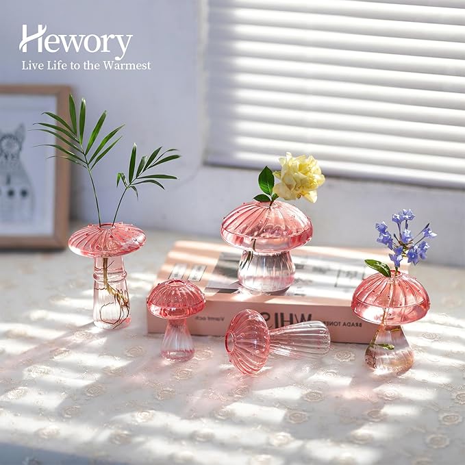 Hewory Mushroom Jars for Plants, 10pcs Pink Glass Mushroom Bud Vase for Flowers, Unique Plant Propagation Stations Propagating Vases Decor, Mini Cute Hydroponic Terrarium Planter for Indoor Planters