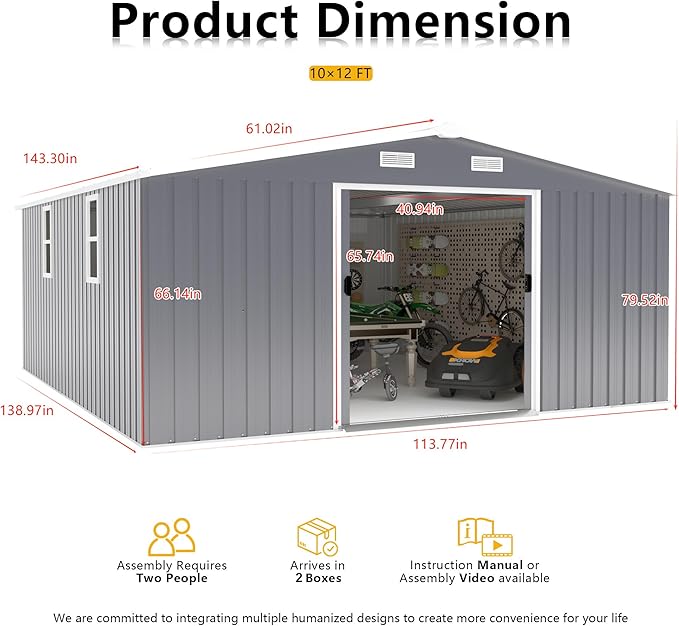 10x12 FT Outdoor Storage Shed, Extra Large Metal Shed with Lockable Doors,Vent & 2 Windows, All-Weather Tool Shed Storage House for Backyard,Garden,Patio, Lawn, Dark Gray