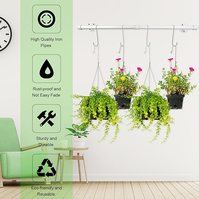 Yoiemivy Hanging Planter Bar with 4 Pcs Hooks White Wall Mount Planter Hanger Rod Minimalist Flowerpot Hanger Metal Plant Hanger for Window Wall Ceiling Herb Garden (White)