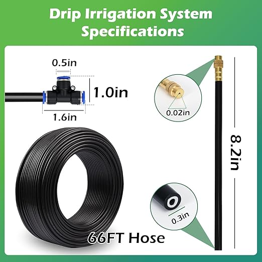Drip Irrigation System 66 FT with 20 Nozzles, 360° Adjustable Bendable Garden Watering Misting System for Greenhouse, Yard, Lawn, Plant, Garden, 0.3 inch Hose